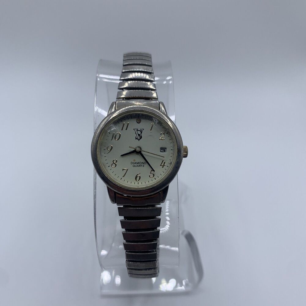 VS Diamond Quartz Women's Watch White Dial Silver Stretch Band Damaged Band